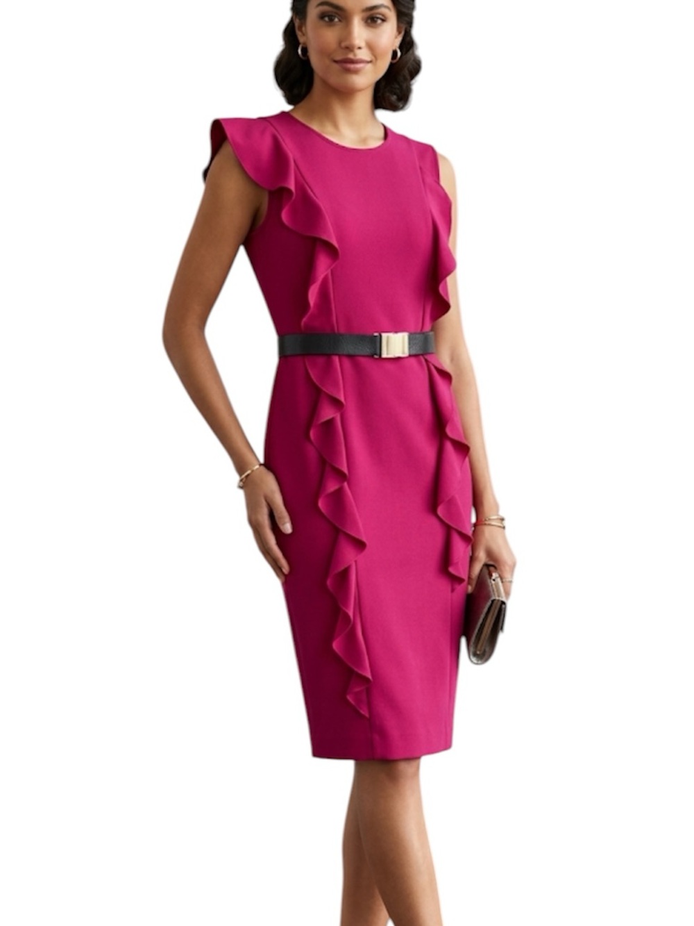 Calvin Klein Fuchsia Ruffle Belted Sheath Dress